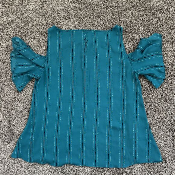 Worthington Teal Striped Dots Cold Shoulder Blouse Top Shirt Women’s Size Medium - Picture 5 of 7